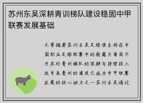 苏州东吴深耕青训梯队建设稳固中甲联赛发展基础 苏州东吴深耕青训梯队建设稳固中甲联赛发展基础